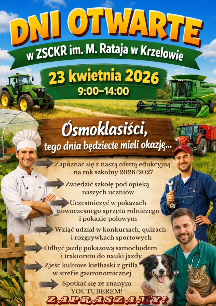 Plakat dni otwartych w ZSCKR 23 kwietnia 2026 09:00 do 14:00